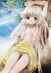  arino_hiroshi armpits beach blonde_hair bracelet breasts brown_eyes chii chobits day doujinshi jewelry long_hair lying nipples nude pussy robot_ears small_breasts solo very_long_hair watermark 