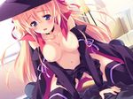  black_thighhihgs blonde blue_hair blush bridal_gauntlets censored choker cowgirl_position eroge hair_ribbon hat lamp long_hair mounting nipples open_clothes open_mouth oppai smile window witch 