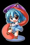  black_background blue_eyes blue_hair chibi faux_figurine heterochromia karakasa_obake open_mouth purple_umbrella red_eyes shinjitsu short_hair skirt smile solo tatara_kogasa tongue touhou umbrella 