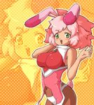  animal_ears blush bodysuit breasts bunny_ears bunny_tail covered_nipples green_eyes happy large_breasts navel nora_zombie pantyhose pink_hair seraphita_(xenogears) short_hair solo tail xenogears zoom_layer 