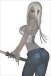  2011 alien1452 ass back breasts bustier copyright_request dark_skin dated denim hair_over_one_eye highres jeans large_breasts lingerie long_hair looking_back muscle pants sideboob slender_waist solo sweat sword underwear weapon white_hair 