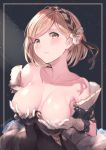  1girl areola_slip areolae armpits bangs bare_shoulders black_background black_dress blush braid breasts breasts_outside brown_eyes closed_mouth collarbone covered_navel covering covering_breasts crown_braid djeeta_(granblue_fantasy) dress dress_pull drill_hair elbow_gloves eyebrows_visible_through_hair gloves granblue_fantasy head_tilt highres light looking_at_viewer medium_breasts milli_little short_hair solo strapless strapless_dress swept_bangs twin_drills upper_body white_gloves 