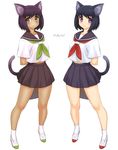  animal_ears black_eyes black_hair brown_hair cat_ears cat_tail clone dark_skin iyokawa multiple_girls original pleated_skirt school_uniform serafuku short_hair siblings sisters skirt tail tan twins yellow_eyes 