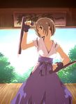  absurdres bad_id bad_pixiv_id breasts brown_hair cleavage day fighting_stance fingerless_gloves gloves hakama highres japanese_clothes jpeg_artifacts kobanzame medium_breasts original outdoors purple_hakama short_hair sky solo tonfa tree weapon 
