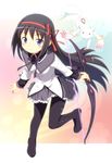  akemi_homura black_hair blush bow_(weapon) highres kyubey light_smile long_hair magical_girl mahou_shoujo_madoka_magica pantyhose purple_eyes ribbon spoilers weapon yamasan 