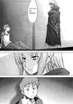  1girl are_you_my_master artist_request caster doujinshi emiya_shirou fate/stay_night fate_(series) greyscale long_sleeves monochrome translated 