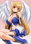  absurdres angel_wings artist_request astraea blonde_hair blush breasts cleavage highres kikusui_napo large_breasts long_hair navel red_eyes simple_background sitting skirt smile sora_no_otoshimono wings 