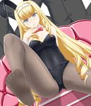  animal_ears blonde_hair blue_eyes bunny_ears bunnysuit couch dream_c_club dream_c_club_(series) dutch_angle feet foreshortening haruka_(dream_c_club) long_hair pantyhose pov shougi_(116) sitting soles solo 