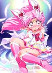  :o back_bow bad_id bad_pixiv_id bishoujo_senshi_sailor_moon blush boots bow chibi_usa choker double_bun elbow_gloves feathers gloves hair_ornament hairpin heart heart_choker hoshino_fuuta knee_boots long_hair magical_girl multicolored multicolored_clothes multicolored_skirt pink_eyes pink_footwear pink_hair pink_sailor_collar pleated_skirt ribbon sailor_chibi_moon sailor_collar sailor_senshi_uniform see-through sitting skirt solo super_sailor_chibi_moon tiara twintails white_gloves 