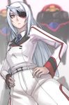  ahoge belt eyepatch hands_on_hips infinite_stratos laura_bodewig long_hair necktie red_eyes school_uniform silver_hair solo tea_(artist) 