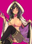  1girl aya_gozen big_breasts black_eyes black_hair blush boots breasts censored eroe female hood large_breasts long_hair nipples open_clothes open_robe pantyhose polearm pussy robe see-through sengoku_musou sengoku_musou_3 solo staff thighhighs torn_clothes weapon 