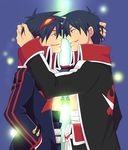  bad_id bad_pixiv_id blue_hair dual_persona eye_contact garlock_simon glowing goggles goggles_on_head hand_in_hair hand_in_pocket looking_at_another male_focus multiple_boys rikko_(peso) selfcest simon smirk tengen_toppa_gurren_lagann time_paradox trench_coat yaoi 