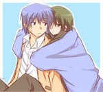  angel_beats! bad_id bad_pixiv_id blue_eyes blue_hair green_hair hinata_(angel_beats!) hug male_focus multiple_boys naoi_ayato pon-ryou school_uniform shinda_sekai_sensen_uniform yellow_eyes 