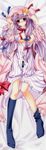  absurdres aoi_hiro bad_anatomy black_panties blush bow breasts crescent dakimakura full_body hair_bow hat highres kneehighs large_breasts legs long_hair lying nipple_slip nipples no_bra non-web_source on_back open_clothes panties patchouli_knowledge purple_hair red_eyes solo touhou underwear very_long_hair 