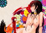  apple black_hair blood breasts copyright_request earrings flower food fruit highres jewelry large_breasts lips long_hair navel nipples nude profile red_eyes solo tan_(knock_up) 