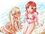  2girls aida_yuu bikini blonde_hair blue_eyes blush green_eyes gunslinger_girl kneeling long_hair multiple_girls petrushka red_hair sitting smile swimsuit triela twintails water 