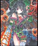  alternate_costume alternate_weapon arm_cannon asymmetrical_clothes bare_shoulders black_hair black_wings bow bridal_gauntlets colored_pencil_(medium) green_bow hair_bow long_hair marker_(medium) off_shoulder pekopokox purple_eyes radiation_symbol reiuji_utsuho shikishi solo thighhighs third_eye touhou traditional_media weapon wings 