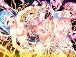  3girls blonde_hair blue_eyes blue_hair ear_insertion fucked_silly honjou_emiru honjou_erena honjou_karen long_hair mahou_shoujo_erena multiple_girls navel_insertion nude pink_hair red_eyes rolleyes rolling_eyes slime tentacle torn_clothes twintails valkyria_(studio) 