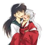  1boy 1girl animal_ears bad_id blush cheek_press cheek_rub dog_ears embarrassed fluster gold_eyes happy higurashi_kagome inuyasha inuyasha_(character) mg_(mica) school_uniform seifuku yellow_eyes 