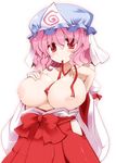  alternate_costume blush breasts hakama hat highres japanese_clothes large_breasts miko mouth_hold nipples off_shoulder open_clothes pink_eyes pink_hair red_hakama saigyouji_yuyuko shirogane_(platinum) short_hair solo topless touhou triangular_headpiece 