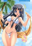  1girl absurdres bikini black_hair blue_eyes blush breasts copyright_request d: front-tie_top hair_ornament hairpin highres hime_cut large_breasts long_hair noritama_(gozen) open_mouth palm_tree print_sarong sarong sarong_removed side-tie_bikini solo strap_gap swimsuit thigh_gap tree untied wardrobe_malfunction white_bikini yellow_sarong 
