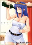  alcohol belt blue_eyes blue_hair blush bottle breasts circlet cleavage cover cover_page cup doujinshi dragon_quest dragon_quest_iii drinking_glass drunk large_breasts noise_(tsuzuki) sage_(dq3) solo wide_hips wine wine_glass 