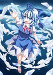  barefoot blue_eyes blue_hair bow cirno emu_ichigo flying full_moon hair_bow ice moon neck_ribbon outstretched_arm ribbon shooting_star solo touhou wings 