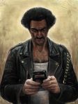  afro bad_id bad_pixiv_id black_hair derivative_work dragon_ball dragon_ball_z facial_hair game_boy handheld_game_console jacket jewelry leather leather_jacket male_focus mr._satan mustache occult_soda realistic ring scar solo 