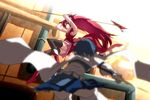  battle black_legwear blurry boots cape depth_of_field duel elbow_gloves gloves long_hair magical_girl mahou_shoujo_madoka_magica miki_sayaka multiple_girls pleated_skirt polearm red_eyes red_hair sakura_kyouko short_hair skirt spear sword thighhighs tsuuhan weapon zettai_ryouiki 