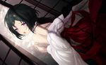  bare_back bare_shoulders black_hair blush cait choker dark_room dutch_angle from_behind hair_ornament hairclip highres japanese_clothes looking_back male_focus off_shoulder open_mouth otoko_no_ko purple_eyes skull_hair_ornament sliding_doors solo steins;gate sweat urushibara_ruka 