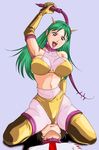  bra face_sit fangs femdom green_hair happy horns open_mouth red_eyes sex smile tagme torture whip yellow_bra 