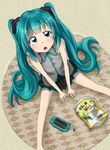  aqua_eyes aqua_hair from_above handheld_game_console hatsune_miku kadomaki_shinnosuke long_hair looking_up open_mouth playstation_portable sitting skirt solo spring_onion twintails very_long_hair vocaloid 