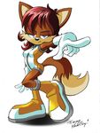  brown brown_hair canine clothing female fiona_fox fox fur hair looking_at_viewer mammal plain_background pointing sega shoes solo sonic_(series) standing tail tracy_yardley white_background 