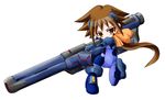  bodysuit brown_hair cannon chibi dieci_(nanoha) full_body holding holding_weapon huge_weapon looking_at_viewer lyrical_nanoha mahou_shoujo_lyrical_nanoha_strikers numbers'_uniform numbers_(nanoha) red_eyes simple_background solo weapon white_background yuuka_(o.t.kingdom) 
