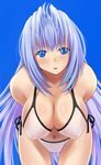  bent_over bikini blue_eyes blue_hair blush breasts cleavage hanging_breasts katatsuka_kouji kos-mos large_breasts leaning_forward long_hair navel simple_background solo swimsuit very_long_hair xenosaga 