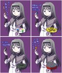  akemi_homura black_hair bob_ross bow chair_refusing_to_seat_anyone explosive food grenade hairband long_hair mahou_shoujo_madoka_magica nantoka_fumihiko paint paintbrush parody purple_eyes shield takoyaki tower_of_the_sun translated 