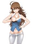  1girl a1 absurdres ahoge areolae awakened_miki bare_shoulders breast_slip breasts brown_hair cleavage collarbone cosplay fusion green_eyes gundam gundam_00 hand_on_hip highres hips hoshii_miki idolmaster initial-g large_breasts legs long_hair looking_at_viewer mound_of_venus nail_polish namco navel nipple_slip nipples one_breast_out oppai pants shirt_pull show_body_part solo standing sumeragi_lee_noriega sumeragi_lee_noriega_(cosplay) sunrise_(company) thighs wavy_hair wide_hips wink 