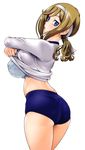  ass blonde_hair blue_eyes bra breasts buruma eleanor_mercer fukudahda gym_uniform highres honey_blonde shirt_lift simple_background underwear 