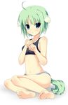  ahoge animal_ears bad_id bad_pixiv_id barefoot blue_eyes dog_days dog_ears eclair_martinozzi feet green_hair light_green_hair minato_(terayan2411) navel panties short_hair soles solo striped striped_panties tail toes underwear 