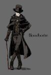  1boy absurdres bangs black_capelet black_coat black_headwear blood blood_on_clothes bloodborne boots brown_footwear brown_gloves brown_pants cane capelet coat commentary_request copyright_name crossed_legs facial_hair gloves goatee grey_background hat highres hunter_(bloodborne) kamezaemon knee_boots looking_at_viewer male_focus pants simple_background smile solo standing threaded_cane top_hat watson_cross 