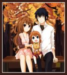  adult aisaka_taiga autumn bench black_hair blue_eyes brown_eyes brown_hair child doll family high_res if_they_mated jewelry kimatg long_hair ring stuffed_animal stuffed_toy takasu_ryuuji tiger toradora! 