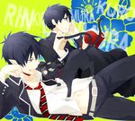  al_(arupaka) ao_no_exorcist belt black_hair book brothers buckle formal glasses kuro_(ao_no_exorcist) male_focus multiple_boys multiple_tails necktie okumura_rin okumura_yukio pointy_ears school_uniform shirt siblings striped striped_neckwear suit tail tongue 