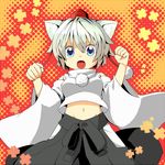  animal_ears bad_id bad_pixiv_id bare_shoulders black_hakama blue_eyes detached_sleeves groin hakama halftone halftone_background hat inubashiri_momiji japanese_clothes midriff navel open_mouth senhaku short_hair silver_hair solo tokin_hat touhou wolf_ears 