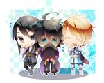  armor black_hair blonde_hair boots crepe flynn_scifo food knee_boots long_hair male_focus multiple_boys ponytail raven_(tales) smile tales_of_(series) tales_of_vesperia tears yoshida_nishi yuri_lowell 