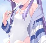 cloud cropped eating flat_chest food hiiragi_kagami jacket kiira lowres lucky_star off_shoulder one-piece_swimsuit outdoors popsicle purple_hair school_swimsuit sky solo swimsuit twintails white_school_swimsuit white_swimsuit 