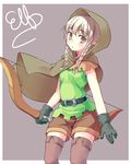  bow_(weapon) braid brown_eyes cloak dragon's_crown elf_(dragon's_crown) gloves hood hooded_cloak pizanuko pointy_ears shorts solo thighhighs twin_braids weapon 