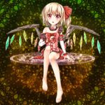  alternate_costume bad_id bad_pixiv_id banned_artist bare_legs bare_shoulders barefoot blonde_hair bow detached_sleeves feet flandre_scarlet floating hair_bow highres magic_circle off_shoulder red_eyes short_hair side_ponytail sitting solo toshizaki_shouma touhou wings 
