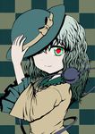  bow checkered checkered_background closed_eyes eyeball gradient_hair green_eyes green_hair hat heart heart-shaped_pupils komeiji_koishi multicolored_hair one_eye_closed smile solo symbol-shaped_pupils third_eye touhou tsukimi_(ryouiki_ridatsu) wavy_hair 