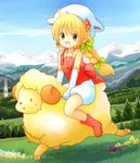  blonde_hair braid church dress earrings eijima_moko green_eyes hair_ribbon hat hat_with_ears highres jewelry mountain multicolored multicolored_clothes multicolored_dress open_mouth original pointy_ears ribbon riding sheep smile solo white_dress 
