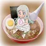  ano_hi_mita_hana_no_namae_wo_bokutachi_wa_mada_shiranai. barefoot blue_eyes bowl dress eating egg food food_on_face honma_meiko in_bowl in_container in_food kamaboko long_hair mameshiba minigirl narutomaki noodles nori_(seaweed) ramen silver_hair solo spoon 